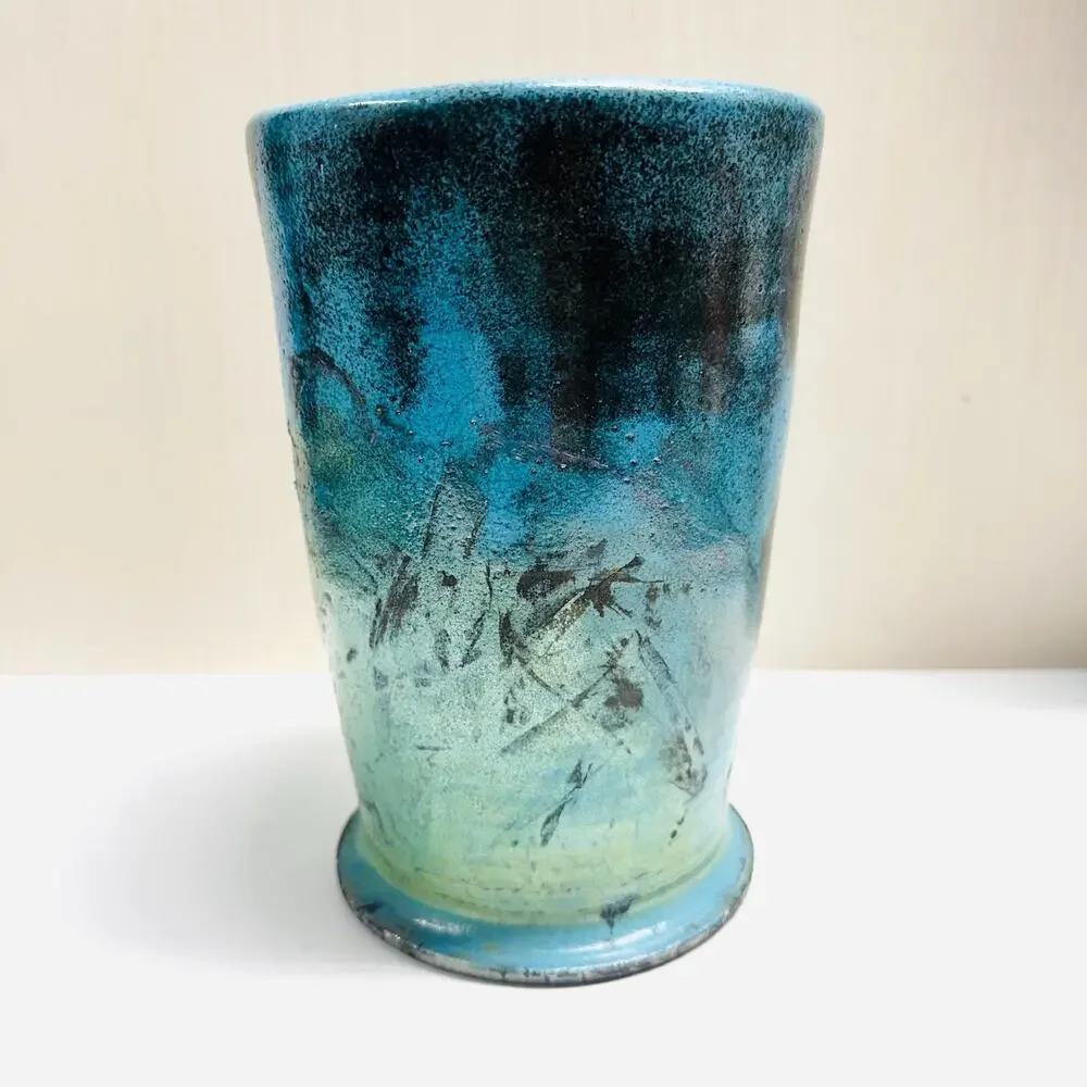 Vintage Raku Fernando Pottery Vase Hues of Blue Iridescent